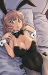  2015 animal_ears artist_name ayaki bare_shoulders bed_sheet blue_eyes blush bow bowtie breasts brown_hair bunny_ears bunny_girl bunnysuit cleavage dated detached_collar highres large_breasts lying on_back open_mouth original pantyhose pillow short_hair solo tan tanline wrist_cuffs 