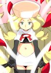  blonde_hair blue_eyes cattleya_(pokemon) elite_four gradient gradient_background hainchu navel nintendo pokemon solo team_rocket_(cosplay) 