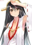  aiguillette arm_up artist_name bare_shoulders black_hair breasts brown_eyes detached_sleeves hair_ornament hairband hairclip haruna_(kantai_collection) headgear isshiki_(ffmania7) japanese_clothes kantai_collection long_hair medium_breasts nontraditional_miko remodel_(kantai_collection) shading_eyes simple_background smile solo twitter_username upper_body white_background 