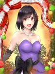  1girl :d alternate_costume black_gloves black_hair black_ribbon brown_eyes christmas christmas_lights collarbone dress elbow_gloves gloves gown haguro_(kantai_collection) hair_ornament highres jewelry kantai_collection looking_at_viewer necklace open_mouth pearl_necklace purple_dress ribbon short_hair smile solo strapless strapless_dress suuyu_siba traditional_media twitter_username 