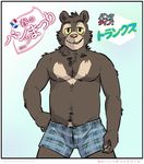 2014 anthro artdecade bear biceps boxers bulge clothed clothing fur half-dressed japanese_text looking_at_viewer male mammal muscles neck_tuff pecs plain_background pose sloth_bear smile solo teeth text topless underwear underwear_festival willy_(artdecade) 
