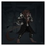  2015 anthro armor black_nose blade blue_eyes brick brown_fur brown_hair claws clothed clothing cross dark detts digitigrade ear_piercing feline fist fur gloves hair knife lion male mammal monster piercing ruins shoulderpad solo soun stairs standing 