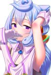  1boy arm_up armpits blue_hair cogara covering_mouth eyebrows_visible_through_hair gloves hacka_doll hacka_doll_3 highres long_hair looking_at_viewer male_focus purple_eyes simple_background solo trap white_background white_gloves 