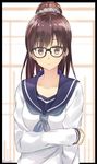  border brown_hair collarbone glass holding_arm isshiki_(ffmania7) long_hair long_sleeves looking_at_viewer pink_eyes ponytail school_uniform scrunchie serafuku smile solo upper_body 