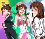  akizuki_ritsuko alternate_hairstyle antenna_hair beret blue_hair braid breasts brown_eyes brown_hair chibi folded_ponytail formal futami_ami glasses hat idolmaster idolmaster_(classic) lieass long_hair medium_breasts microphone minase_iori miura_azusa multiple_girls multiple_persona one_eye_closed open_mouth pant_suit princess_melody_(idolmaster) ryuuguu_komachi short_hair side_ponytail smile suit twin_braids 