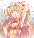  armpits blonde_hair bow breasts confetti eyewear_on_head fang hair_bow idolmaster idolmaster_cinderella_girls isshiki_(ffmania7) jougasaki_rika long_hair looking_at_viewer navel pikapikapop small_breasts smile solo sunglasses upper_body very_long_hair yellow_eyes 