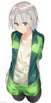  androgynous arms_behind_back bike_shorts bike_shorts_under_shorts blue_eyes cowboy_shot gym_shorts isshiki_(ffmania7) jacket long_hair looking_at_viewer male_focus open_clothes open_jacket shorts silver_hair simple_background smile solo totsuka_saika track_jacket twitter_username v-neck white_background yahari_ore_no_seishun_lovecome_wa_machigatteiru. 