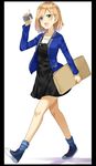  blazer blue_legwear border envelope full_body green_eyes highres isshiki_(ffmania7) jacket light_brown_hair manila_envelope miyamori_aoi shirobako shoes short_hair simple_background sneakers socks solo twitter_username walking white_background 