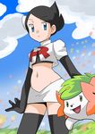  black_hair blue_eyes hainchu mai_(pokemon) navel nintendo pokemon shaymin team_rocket_(cosplay) 