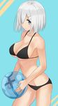  anchor_symbol ball beachball bikini black_bikini blue_eyes breasts hair_ornament hair_over_one_eye hairclip hamakaze_(kantai_collection) isshiki_(ffmania7) kantai_collection large_breasts looking_at_viewer short_hair silver_hair smile solo swimsuit underboob 