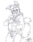  aged_up anthro bottomless canine chubby circumcised clothed clothing dog eyewear flaccid fluffy_tail glasses half-dressed hoodie humanoid_penis jockstrap looking_away male mammal monochrome naughty_face penis playful poking_out shirt shirt_lift signature solo tom_collins tongue tongue_out underwear wolfblade 