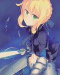  ahoge armor armored_dress artoria_pendragon_(all) bangs blonde_hair braid breasts cowboy_shot fate/stay_night fate/zero fate_(series) faulds formal from_side gauntlets glowing glowing_sword glowing_weapon green_eyes groin hair_between_eyes hair_bun hair_ribbon holding holding_weapon huwali_(dnwls3010) looking_at_viewer magic_clothes midriff navel necktie no_panties ribbon saber shirt sidelocks small_breasts solo stomach suit sword torn_clothes weapon 