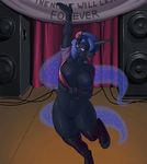  2015 anthro anthrofied areola big_breasts blue_hair breasts clothed clothing ear_piercing english_text equine female flashing friendship_is_magic hair horn kevinsano legwear mammal midriff my_little_pony navel nightmare_moon_(mlp) nipples piercing pussy raised_arm solo speakers stage text tongue tongue_out tongue_piercing unicorn 