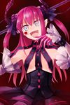  asymmetrical_horns blood blood_on_face blue_eyes claws detached_sleeves elizabeth_bathory_(fate) elizabeth_bathory_(fate)_(all) fang fate/extra fate/extra_ccc fate_(series) horns long_hair pink_hair pointy_ears solo somemiya_suzume two_side_up 