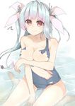  blue_hair breasts cole covering covering_breasts hair_ribbon i-19_(kantai_collection) kantai_collection large_breasts long_hair ocean one-piece_swimsuit red_eyes ribbon school_swimsuit sitting solo star star-shaped_pupils swimsuit symbol-shaped_pupils tears torn_clothes twintails wariza water 
