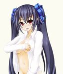  black_hair blush breasts covering covering_breasts long_hair neptune_(series) noire open_clothes open_shirt red_eyes sarvuant shirt twintails unbuttoned 