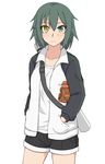  alternate_costume bad_id bad_pixiv_id baseball_mitt green_hair hands_in_pockets heterochromia highres jacket kantai_collection kiso_(kantai_collection) looking_at_viewer nikonikosiro no_eyepatch scar shirt short_hair short_shorts shorts solo white_shirt 