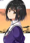  black_hair brown_eyes haguro_(kantai_collection) hair_ornament isshiki_(ffmania7) kantai_collection remodel_(kantai_collection) short_hair smile solo twitter_username upper_body 