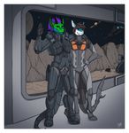  2015 anthro armor black_sclera brown_hair claws clothed clothing detts digitigrade dragon duo ear_piercing fish green_eyes gun hair horn male marine piercing planet purple_hair ranged_weapon shark smile space spacecraft star weapon window 