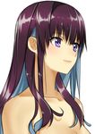  bare_shoulders closed_mouth highres isshiki_(ffmania7) long_hair original portrait purple_eyes purple_hair simple_background smile solo white_background 