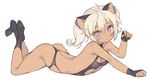  animal_ears arched_back ass black_legwear blade_(galaxist) cat_ears dark_skin fingerless_gloves full_body gloves hair_ornament lace long_hair looking_at_viewer lying on_stomach original purple_eyes simple_background socks solo star star-shaped_pupils swimsuit symbol-shaped_pupils twintails white_background white_hair 