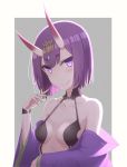  1girl artist_name bangs blush breasts choker cleavage collarbone eyebrows_visible_through_hair fate/grand_order fate_(series) hair_ornament highres horns jiafei2o3 purple_eyes purple_hair shiny shiny_hair short_hair shuten_douji_(fate/grand_order) small_breasts smile solo upper_body 
