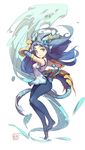  black_hair blue blue_eyes blue_legwear chinese_clothes dragon dragon_tail floating_hair from_side full_body gauntlets highres horns karin_(p&amp;d) long_hair md5_mismatch no_shoes pantyhose parted_lips puzzle_&amp;_dragons sleeveless solo tail tennohi water weapon white_background 