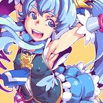  :d arms_up blue_eyes blue_hair blue_neckwear blue_skirt breasts brooch covered_nipples cure_princess frills happinesscharge_precure! honzawa_yuuichirou jewelry long_hair lowres magical_girl medium_breasts necktie oekaki open_mouth orange_background precure shirayuki_hime skirt smile solo twintails wrist_cuffs 