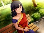 bangle bare_shoulders beli_lapran bench black_hair bracelet breasts dark_skin dutch_angle game_cg highres huniepop indian_clothes jewelry large_breasts long_hair looking_at_viewer ninamo non-web_source park_bench pink_eyes sari sitting smile solo 