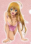  :d absurdres all_fours antenna_hair apron artist_request bare_shoulders breasts cleavage collarbone covered_nipples downblouse earrings fang green_eyes hair_between_eyes hanging_breasts highres ikkitousen jewelry large_breasts long_hair looking_at_viewer naked_apron official_art open_mouth orange_hair smile sonsaku_hakufu strap_slip tooth 