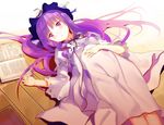  adapted_costume alternate_costume book bow capelet crescent dress gukuli hair_bow hair_ornament hand_on_own_stomach hat highres long_hair long_sleeves looking_away lying mob_cap on_back on_floor open_book patchouli_knowledge purple_eyes purple_hair solo touhou vest wide_sleeves 