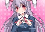  animal_ears bad_id bad_pixiv_id blush bunny_ears dress_shirt hammer_(sunset_beach) heart heart_hands long_hair looking_at_viewer purple_hair reisen_udongein_inaba shirt smile solo touhou untied upper_body 
