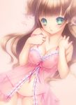  babydoll bad_id bad_pixiv_id blush breasts brown_hair cleavage covered_nipples green_eyes heart large_breasts long_hair looking_at_viewer momoi_komomo nipples original panties pink_panties see-through side-tie_panties solo underwear underwear_only 