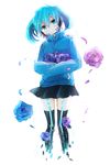  akebisousaku bad_id bad_pixiv_id blue_eyes blue_flower blue_hair blue_rose ene_(kagerou_project) flower highres kagerou_project long_hair rose short_hair skirt solo thighhighs twintails 