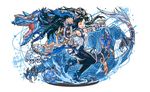  1girl bare_shoulders black_hair blue_eyes china_dress chinese_clothes claws dragon dress hair_ornament hino_shinnosuke horns karin_(p&amp;d) long_hair looking_at_viewer official_art open_mouth pantyhose puzzle_&amp;_dragons sharp_teeth simple_background skull smile solo spiked_knuckles tail 