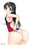  agano_(kantai_collection) ass black_hair blush breasts competition_swimsuit covered_nipples dated green_eyes highres kantai_collection kuro_chairo_no_neko large_breasts long_hair one-piece_swimsuit simple_background smile solo swimsuit swimsuit_pull twitter_username white_background 