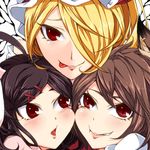  :p animal_ears bare_shoulders blonde_hair brown_hair bunny_ears cat_ears cheek-to-cheek chen close-up enami_hakase flandre_scarlet hair_ornament hair_over_one_eye hairclip hat inaba_tewi lipstick lowres makeup multiple_girls short_hair side_ponytail tongue tongue_out touhou wings 