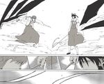  bleach comic commentary_request gohei greyscale grimmjow_jaegerjaquez hakurei_reimu haraegushi kochiya_sanae kurosaki_ichigo monochrome multiple_girls oonusa parody style_parody torinone touhou 