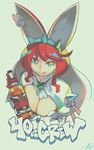  alcohol animal_ears blue_eyes breast_press breasts bunny_ears cleavage cleavage_cutout elphelt_valentine english eric_muentes guilty_gear guilty_gear_xrd highres large_breasts licking_lips looking_at_viewer red_hair short_hair solo tongue tongue_out 