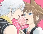  bad_id bad_pixiv_id blue_eyes blush brown_hair candy eye_contact face-to-face fingerless_gloves food gloves green_eyes jewelry kingdom_hearts kingdom_hearts_i licking lollipop looking_at_another male_focus multiple_boys necklace ng_sam pink_background riku sharing_food simple_background sora_(kingdom_hearts) spiked_hair sweatdrop swirl_lollipop tongue tongue_out translation_request white_hair 