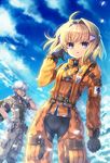  1girl black_eyes blonde_hair blue_eyes capura_lin dog_tags gloves highres jumpsuit original pilot_suit short_hair smile 