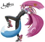  2015 alpha_channel anthro bayonetta blue_fur breasts canine clothed clothing cosplay eyewear female fox fur glasses gun hair long_hair looking_at_viewer mammal pink_hair plain_background pose ranged_weapon solo takiro transparent_background weapon white_fur 