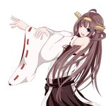  ;d ahoge bare_shoulders brown_hair detached_sleeves double_bun hairband headgear japanese_clothes kantai_collection kongou_(kantai_collection) kuro75268 long_hair looking_at_viewer looking_to_the_side nontraditional_miko one_eye_closed open_mouth outstretched_arm reaching ribbon-trimmed_sleeves ribbon_trim simple_background smile solo stretch upper_body v-shaped_eyebrows white_background 