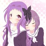  blush bow closed_eyes hair_bow hair_ornament hair_ribbon hairclip hanayamata head_on_back leaning_on_person long_hair looking_at_viewer multiple_girls purple_eyes purple_hair ribbon sailor sasame_yaya sekiya_naru short_hair yasai_yuuki yuri 