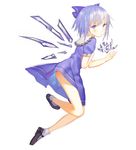  alternate_costume blue_dress blue_eyes blue_hair blush cirno dress full_body gukuli hair_ornament hair_ribbon highres ice ice_wings looking_at_viewer mary_janes puffy_sleeves ribbon shoes short_hair short_sleeves simple_background socks solo touhou upskirt white_background white_legwear wings 
