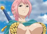  1girl animated animated_gif armor bikini_armor breasts cape dressrosa female large_breasts one_piece pink_hair rebecca_(one_piece) screencap sky smile sword wind 