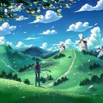  absurdres bad_id bad_pixiv_id black_hair blue_sky blurry cloud day depth_of_field from_behind grass highres hill jacket male_focus mountain original outdoors pants path petals red_scarf road rock scarf scenery silence sketch sky solo standing tree_branch wind windmill 