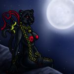  2013 anthro areola bayonetta bayonetta_(character) black_fur breasts butt chain claws cuckoo_(artist) feline female fur looking_at_viewer looking_back mammal moon necklace night nipples nude panther raised_tail red_eyes red_nipples sitting sky smile star 