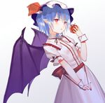  apple bat_wings bite_mark blue_hair bow dress food fruit gradient gradient_background gukuli hat hat_bow highres looking_at_viewer mob_cap nail_polish open_mouth pointy_ears puffy_sleeves red_eyes remilia_scarlet ribbon sash short_hair short_sleeves solo touhou wings wrist_cuffs 