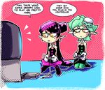  aori_(splatoon) commentary cousins crossed_legs detached_collar domino_mask dress english game_console gloves green_legwear hotaru_(splatoon) long_hair mask multiple_girls nes pantyhose purple_legwear setz short_hair short_jumpsuit speech_bubble splatoon_(series) splatoon_1 strapless strapless_dress video_game white_gloves you're_doing_it_wrong 